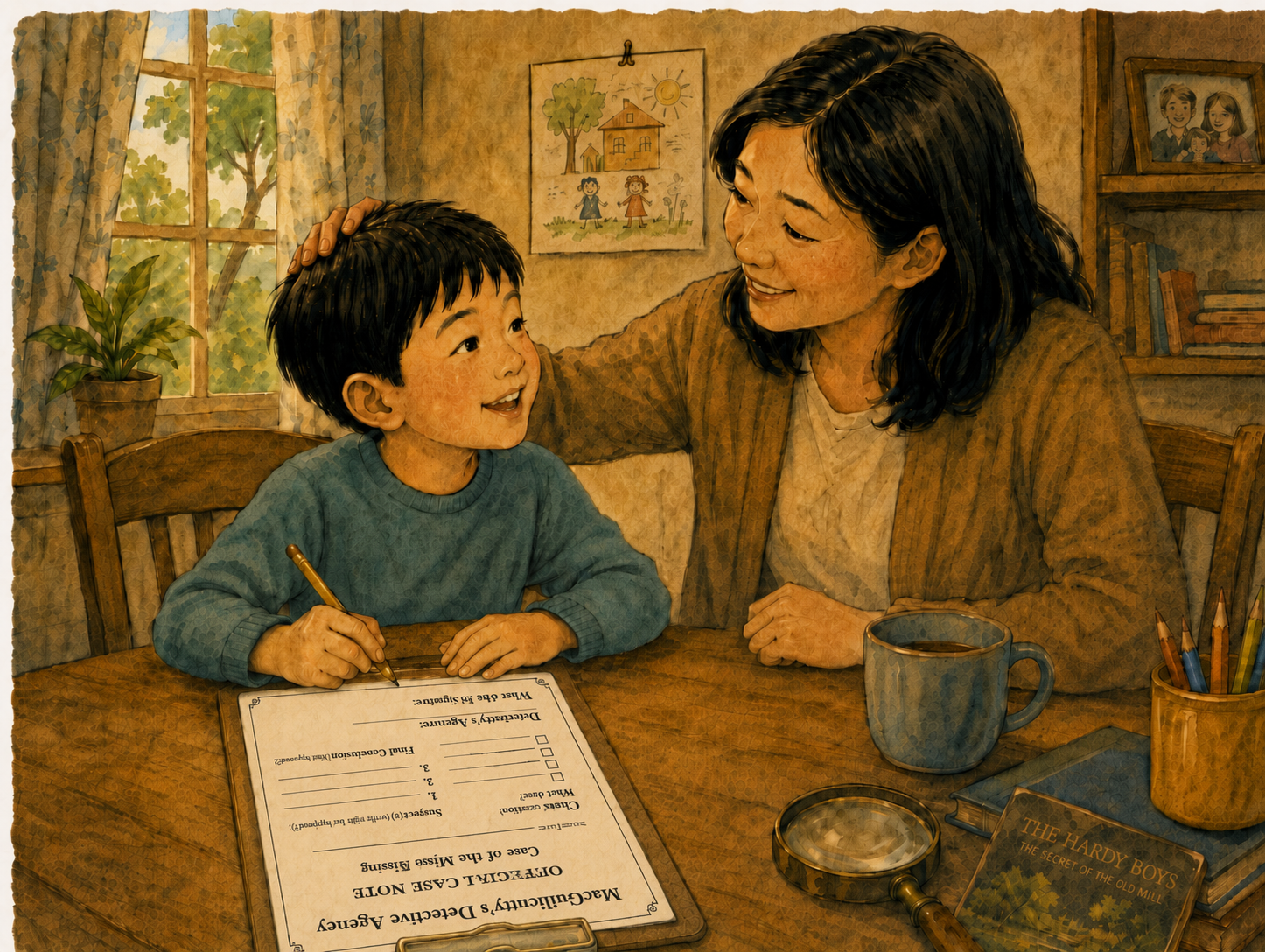 A mother and son opening a Case Notes file together at the kitchen table